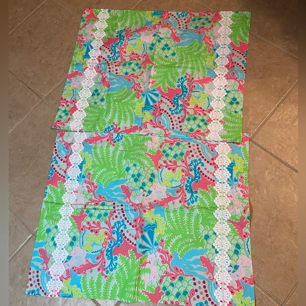 RARE HTF EUC Lilly Pulitzer For Garnet Hill Twin Duvet Cover & 2 shams gecko
